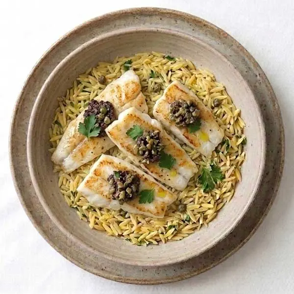 Baked Fish with Olive Tapenade and Lemon-Parsley Orzo